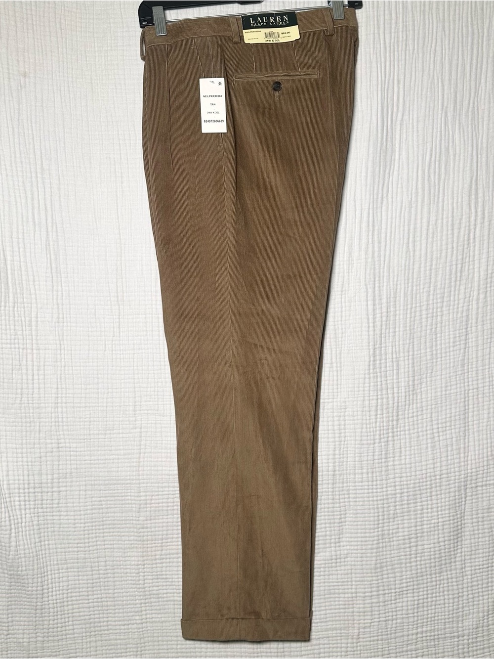 Ralph Lauren Mens Tan Cotton Pleated Cuffed Corduroy Pants Trousers 34x30 NWT